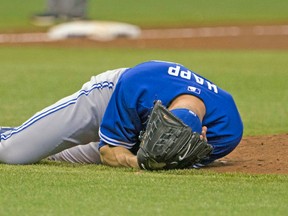 Blue Jays starter J.A. Happ was hit by a line drive during a game in Tampa last season. (REUTERS)
