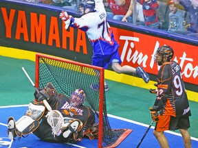 Toronto Rock forward Kevin Ross celebrates his goal on Buffalo Bandits goaltender Anthony Cosmo on Friday night at the ACC. (DAVE ABEL/Toronto Sun)