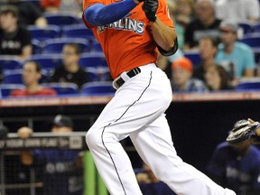 Giancarlo Stanton has been going after all of those out-of-the-strike-zone pitches more often this season and making the opposing hurlers pay. (USA Today Sports photo)