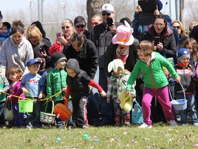Youngsters rushed to gather some of the 4,000 plastic Easter eggs during the Optimist Club of Strathroy-Caradoc’s annual Easter Egg Hunt on Saturday.