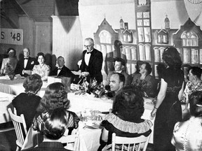 In a photograph from the old London Normal School?s annual banquet on May 11, 1948, retiring principal C.E. Mark addresses staff, students and guests. The photograph is from the class yearbook, The Spectrum. In an apparent trick of perspective, a man?s head appears to be floating in the middle of the head table.