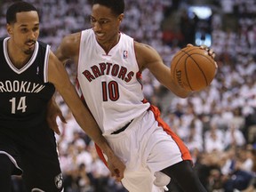 Raptors' DeMar DeRozan drives against Brooklyn Nets' Shaun Livingston in Game 1 of their playoff series on April 19. (Veronica Henri, Toronto Sun)