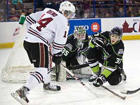 Dysin Mayo is better known for his play around his own net, like in this late-season game against Red Deer, than for highlight reel-worthy goal scoring. (Codie McLachlan, Edmonton Sun)