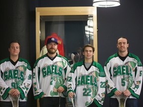 (Left to right) Manitoba lacrosse players Jesse Smith, Kevin Hilder, Cory Henkewich and Don Jacks are joining the Ontario-based Green Gaels for the Ales Hrebesky Memorial international box lacrosse tournament, April 23-26 in Prague, Czech Republic. Submitted photo