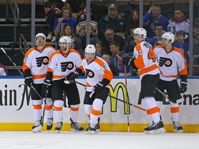 Philadelphia Flyers centre Jason Akeson (42) celebrates with teammates after scoring a goal against the New York Rangers during the second period in Game 2. (Adam Hunger-USA TODAY Sports)