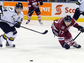 London Knights forward Ryan Rupert, left, keeps his eyes on the puck after Guelph Storm forward Tyler Bertuzzi lost control during their OHL hockey game at Budweiser Gardens in London, Ont. on Nov. 7.