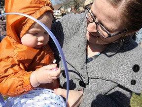 Fifteen-month-old Lee Thorpe followed in a family tradition Saturday, joining in his first Kinsmen Easter Egg Hunt. Although they didn’t know it at the time, his mother Amanda and dad Brad (who had to work Saturday) had a pivotal moment in their relationship at an egg hunt years earlier.
Jeff Tribe/Tillsonburg News