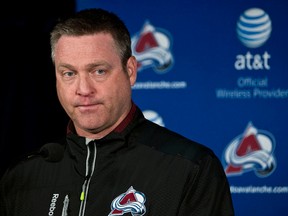 Patrick Roy speaks at a press conference before the Colorado Avalanche play against the Montreal Canadiens on March 17, 2014. (MARTIN CHEVALIER/ QMI Agency)