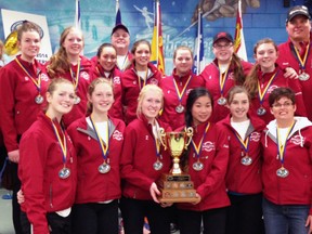The Mitchell U16A ringette team, already representing Ontario, added the Eastern Canadian gold medal to their resume to cap an outstanding 2013-14 ringette season this past weekend, edging Quebec 2-1 in the final in Mississauga. Team members include (back row, left to right): Giannine Leach (manager), Cathy McCann (manager), Reagan Vandewalle, Hailey Wietersen, Sarah Kipfer, Tim McCann (coach), Amy Alcock, Christie McCann, Natalie Reay, Alyssa VanderKuylen, Kent Kipfer (assistant coach), Lee Ann Rocher (trainer). Front row (left): Rachelle Keys, Avery Wedow, Claire Rocher, Kendra Nesbitt, Christine Leach, Connie Alcock (assistant coach). SUBMITTED