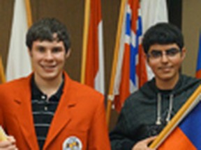 Trace Malcolm, left, an outbound student to Norway and Santiago Carrera, right, an inbound student from Ecuador at the Rotary International Youth Exchange spring conference in Edmonton.