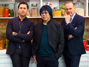 Celebrity chef judges of MasterChef Canada - (L-R) Claudio Aprile, Alvin Leung and Michael Bonacini at the CTV building in Toronto on Monday April 21, 2014. 

Dave Abel/QMI Agency