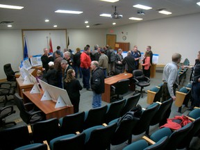 The auditorium at the Forest Interpretive Centre in Whitecourt was packed as residents eyed new engineering plans for the Highway 43 bypass project. Bryan Passifiume photo | Whitecourt Star