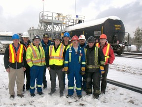 Employees of ANC Transload celebrate shipping one million barrels of crude oil.
Back row: Cornel Notenboom Pat Spargo, Craig Champion, Gheorghe Nabar and Jim McCammon
Front Row: Mike Putzke, Dale Vandezande, Simon Rowe, Pete Head and Ray Ellis
Missing: Colton Callioux, Ken VanGundy, Cory Chatman and Bill Fowler