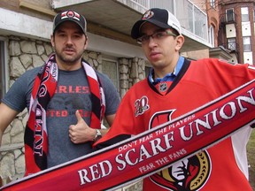 Sens fans Shaun Kehoe (left) and Chris Gregoris of the Red Scarf Union are planning a rally on the Hill to show Jason Spezza some love. AEDAN HELMER / OTTAWA SUN