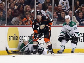 Anaheim Ducks defenceman Stephane Robidas steals the puck from Alex Chiasson of the Dallas Stars in Game 2 of their series. (AFP)