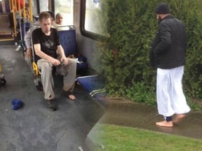 A kind stranger (seen right) gives away his own shoes and socks to a man wearing plastic bags for shoes on the bus. He then walked home barefoot. (PHOTO SUBMITTED)