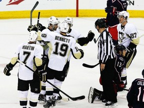 Pittsburgh Penguins defenceman Brooks Orpik (44) celebrates a goal against the Columbus Blue Jackets during the second period of Game 3 of the first round of the 2014 Stanley Cup Playoffs at Nationwide Arena Monday night. (Russell LaBounty-USA TODAY Sports)