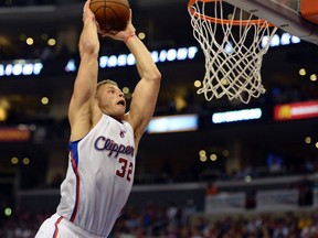 Los Angeles Clippers forward Blake Griffin dunks against the Golden State Warriors during Game 2 of their Western Conference quaterfinal series at the Staples Center in Los Angeles, April 21, 2014. (RICHARD MACKSON/USA Today)