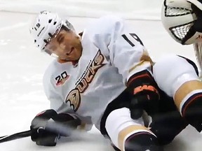 Anaheim Ducks defenceman Stephane Robidas suffered a broken leg after being tangled up with Dallas Stars forward Ryan Garbutt. (YouTube)