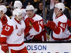 Detroit Red Wings centre Pavel Datsyuk (13) celebrates with teammates after scoring a goal during the Game 1 of their first-round playoff series with the Boston Bruins at TD Banknorth Garden. (Greg M. Cooper/USA TODAY Sports)