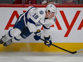 Tampa Bay's Ondrej Palat gets airborne during his team's playoff series against the Montreal Canadiens at the Bell Centre. (MARTIN CHEVALIER/QMI Agency)