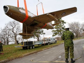 This original Golden Hawk F-86 Sabre Jet, which was first presented to the City of Belleville, Ont. by the Lions Club of Bellleville, Ont. in 1967 in commemoration of Canada's Centennial, was taken off its pillar at Zwicks Park West by Warren Officer Jeff Levesque and his staff from the Aerospace and Telecommunications Engineering Support Squadron's Recovery and Salvage Support unit based at CFB Trenton, Monday morning, Nov. 28, 2011. 
JEROME LESSARD/INTELLIGENCER FILE PHOTO