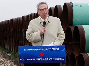 Joe Oliver, Canadian minister of natural resources, speaks at the pipe yard for the Houston Lateral Project, a component of the Keystone pipeline system in Houston, Texas March 5, 2014.  REUTERS/Rick Wilking