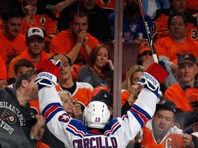 New York Rangers winger Dan Carcillo celebrates his goal against the Philadelphia Flyers in Game 3 of their Eastern Conference quarterfinal series at the Wells Fargo Center in Philadelphia, April 22, 2014. (BRUCE BENNETT/Getty Images/AFP)