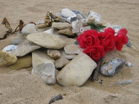 A tribute to Canadian soldiers on the sand at the Juno Beach Centre in Courseulles-sur-Mer, Normandy. (ROBIN ROBINSON/QMI AGENCY)