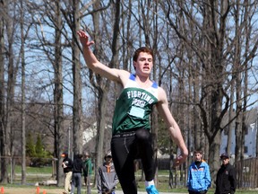 Cormac Brown of St. Patrick's flies through the air en route to a jump of 6.32m in the open boys long jump competition at the St. Clair Field Relays on Wednesday, April 23. Brown's best jump was a leap of 6.48m, good enough to win the competition. SHAUN BISSON/THE OBSERVER/QMI AGENCY