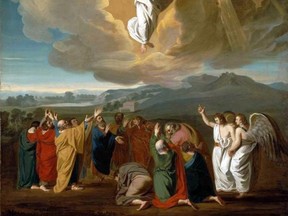 As His disciples look on, Jesus ascends to Heaven from Mount Olivet near Jerusalem as depicted by John Singleton Copley in his 1775 painting.