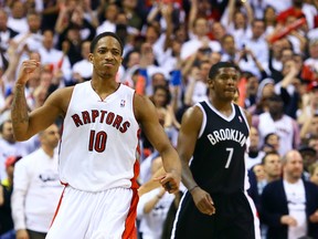 Raptors' DeMar DeRozan celebrates his team's win in Game 2 over the Nets. But what do we really know about these two teams two games in? Not much, actually. (Dave Abel/Toronto Sun)