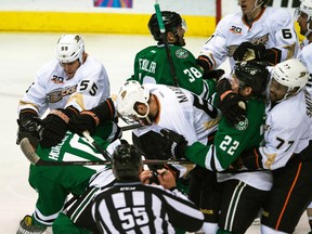 The Dallas Stars and Anaheim Ducks brawl during Game 4 of their Western Conference quarterfinal series at American Airlines Center in Dallas, April 23, 2014. (JEROME MIRON/USA Today)