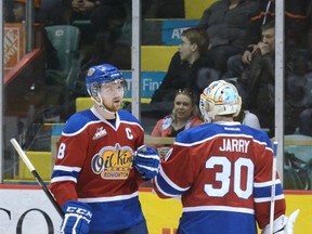 Griffin Reinhart and Tristan Jarry celebrate a goal at the Arena in Medicine Hat on Wednesday, April 23, as the Edmonton Oil Kings took a 3-1 series lead in the WHL Eastern Conference final. EMMA BENNETT/Medicine Hat News