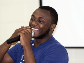 Michel Chikwanine speaks about his experience as a child soldier in Democratic Republic of Congo during Stand Up! Speak Out!, a conference for students held at Laurentian University of Tuesday and Wednesday. Ben Leeson/The Sudbury Star/QMI Agency