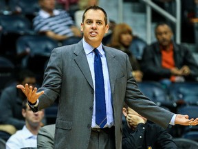Indiana Pacers head coach Frank Vogel reacts to a call in the first half against the Indiana Pacers at Philips Arena on Oct 22, 2013 in Atlanta, GA, USA. (Daniel Shirey/USA TODAY Sports)