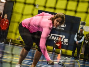 Former tennis pro Marie-Eve Pelletier, the guest of honour at this year’s tournament, rallies during the news conference Thursday at the Centre Sportif de Gatineau. CHRIS HOFLEY/OTTAWA SUN