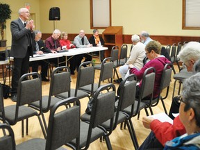 Town council discussed the Town's taxes with about 30 people during a public information meeting April 23 at the Vulcan Lodge Hall. Stephen Tipper Vulcan Advocate