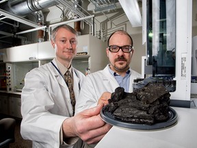 Researchers from the University of Alberta and RCMP National Forensic Laboratory Services talk about a computer program they have developed that has the potential to speed the analysis of arson debris. The computer tool, developed using chemical clues taken from debris, has the ability to reduce the waiting time to pinpoint the cause of a deliberately set fire, which can provide quicker turnaround on answers for fire investigators. Mark Sandercock on the left and James Harynuk on the right. Richard Siemens/University of Alberta