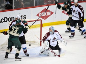 Colorado Avalanche goalie Semyon Varlamov gives up a goal to Minnesota Wild defenceman Jared Spurgeon (not pictured) during Game 4 of their Western Conference quarterfinal series at the Xcel Energy Center in St. Paul, Minn., April 24, 2014. (MARILYN INDAHL/USA Today)