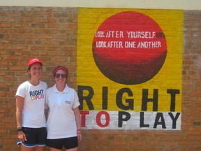 Allie Rogers, right, poses with Right To Play chalk art in Rwanda at the 2012 Global Youth Summit. The Sarnia woman will be returning to this year’s summit, this time as a mentor. SUBMITTED PHOTO