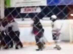A coach and two players have been charged for their role in a melee involving a referee during a minor hockey game in Southdale in February. (YOUTUBE SCREEN GRAB)