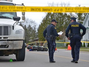 Oxford County Ontario Provincial Police responded to a collision that occurred Friday morning at the corner of Lisgar Avenue and Fourth Street. The collision involved an Emterra Environmental recycling truck and an e-bike. CHRIS ABBOTT/TILLSONBURG NEWS
