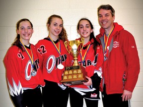 CONTRIBUTED PHOTO
From left, Haleigh Cole, Victoria Kyriakopoulos, Tori Cole and head coach Scott Cole helped the London Lynx AA U14 ringette team win gold medals at the Eastern Canadian Championships in Mississauga last weekend.