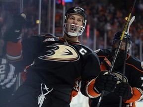 Ryan Getzlaf of the Anaheim Ducks celebrates his first period goal against the Dallas Stars in Game 2 of the first round of the 2014 NHL Playoffs at Honda Center on April 18, 2014. (Jeff Gross/Getty Images/AFP)