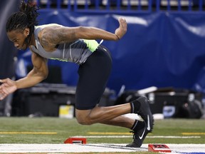 Former Ohio State defensive back Bradley Roby takes off on the 40-yard dash during the 2014 NFL Combine at Lucas Oil Stadium February 25, 2014 in Indianapolis. (Joe Robbins/Getty Images/AFP)
