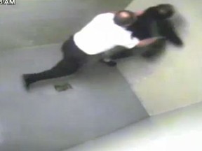 Images from a video show London police Special Const. Craig Pickering moving prisoner Timothy Van Dusen into a cell at the London courthouse on May 12, 2013. The surveillance video was played at Pickering?s trial on a charge of assault causing bodily harm. He has pleaded not guilty.