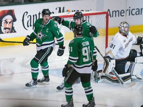 Stars captain Jamie Benn celebrates a goal against the Anaheim Ducks during Game 4 of their series. (USA TODAY SPORTS)