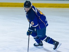 Winnipeg Blues defenceman Channing Brescani moves the puck up the ice against the Yorkton Terriers during Winnipeg's 3-1 victory during the opening game of the Western Canada Cup, Saturday at Dauphin, Man. Todd Pederson photo