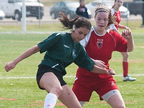 Nicholson vs. St. Paul's in Bay of Quinte girls soccer action last week at MAS Park Field 2. (ZACHARY SHUNOCK for The Intelligencer)